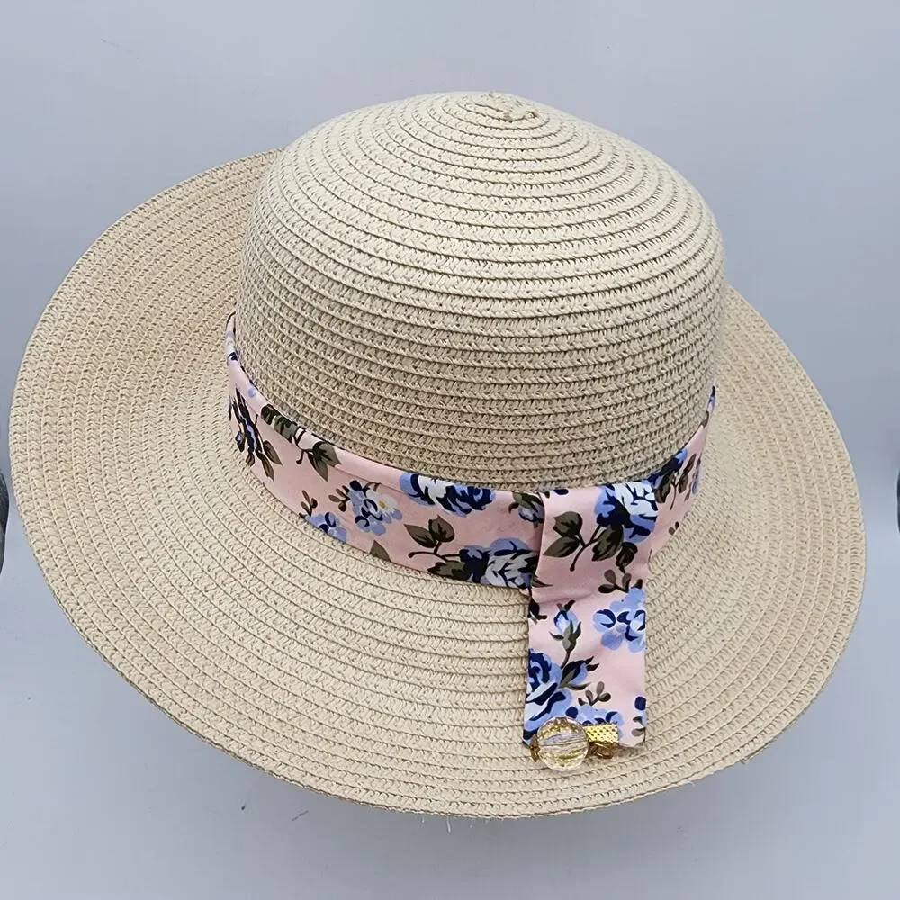 Marcus Adler Womens Straw Hat Short Brim Floral Tie Round Top Vacation Beach